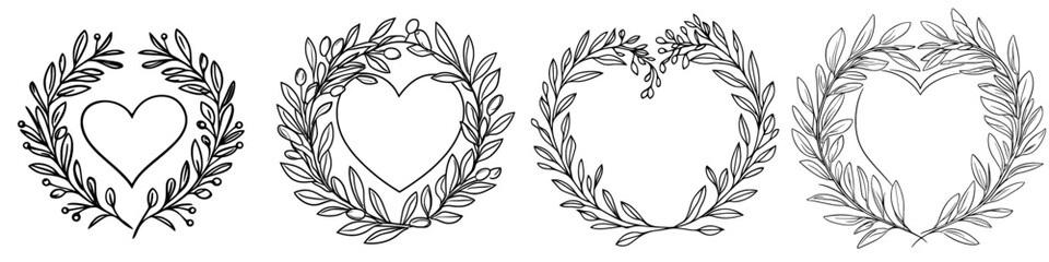 Wall Mural - ink illustration of olive branch with berries and heart frame. line art floral wreath. hand drawn in