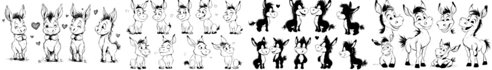 Leinwandbilder - A set of small illustrations with smiling donkeys and hearts