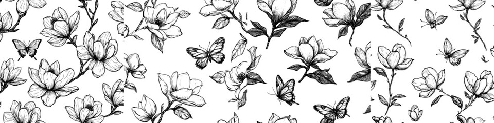 Poster - An endless background with spring garden plants and flowers in black and white. This design is hand drawn.