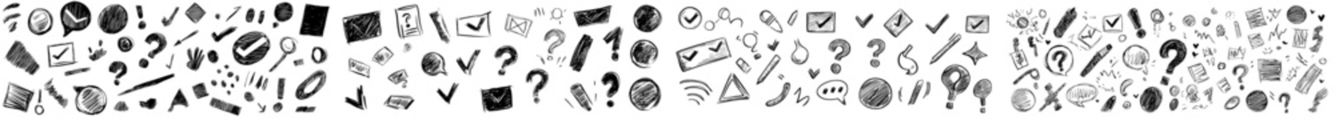 Poster - A set of modern grunge icons featuring red underlining and strikethroughs used to illustrate various punctuation marks, exclamation points, ellipses, stars, arrows, stars, question marks, and