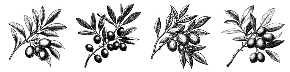 Poster - Drawing in ink of fruit from Picual Olive engraving, monochrome