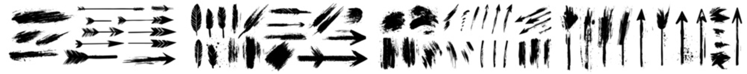 Aufkleber - Thick thick lines and arrows. Black hand-drawn brushstroke text boxes. Chinese, Korean, and Japanese calligraphy brush stroke set. Rough grungy thick gouache paint texture. Sketchy ink rectangles.