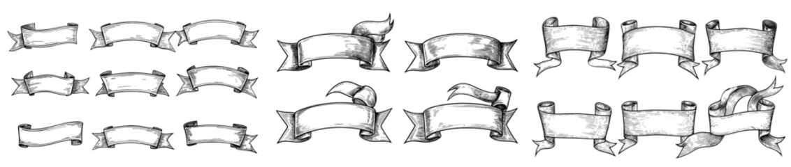 Leinwandbilder - Different ribbons. Flyers, banners, invitations, greeting cards. Hand drawn design element. Ink, clipart sketch, modern illustration.