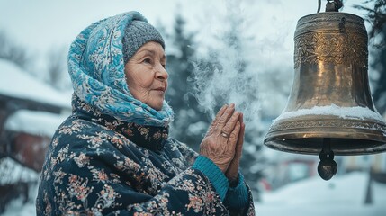 Traditional Russian Woman Praying by a Bronze Bell