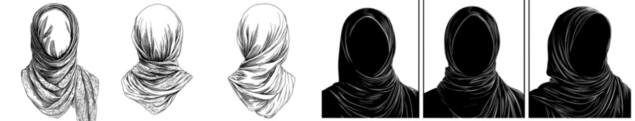 A hijab illustration and headscarf drawn on white.