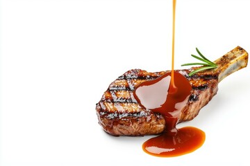 Delicious barbecue sauce drizzling on grilled meat isolated on white background