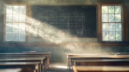 Canvas Print - An abandoned classroom with vintage wooden desks and a dust-covered chalkboard. Sunlight filters through, making the dust motes shimmer in the air, evoking a sense of nostalgia.