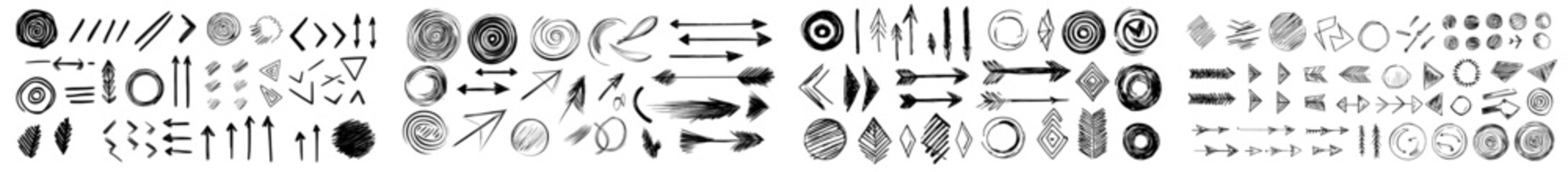 Poster - Drawings of doodle shapes, check marks, crowns, and arrows drawn with crayon and pencil. Punk girly style modern doodle icons set. Graphic elements for notes.