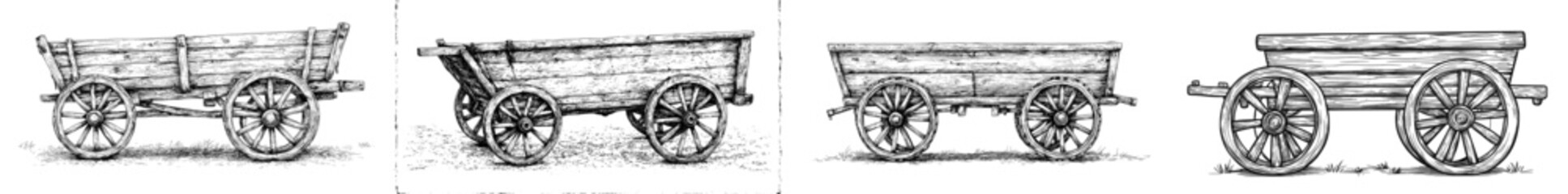 An illustration of a rustic wooden wagon with wheels for farmers. Vintage cart for farming and harvesting with an isolated background. Old retro country transport with wheels for farmers.