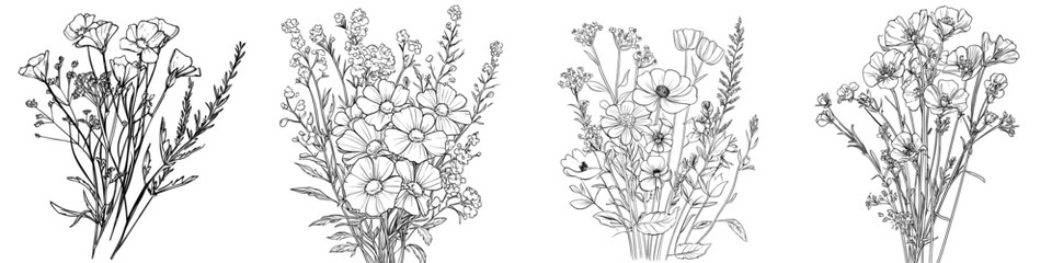 Poster - A wildflower bouquet with knapweed and pansies. Line art, minimalist style, contour. Botanical elements for design projects. West coast illustration.