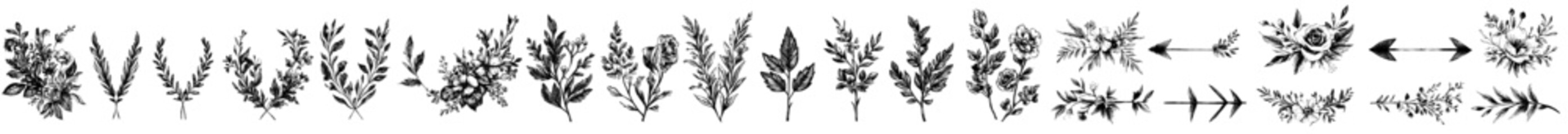 Aufkleber - A set of hand drawn charcoal doodles featuring floral borders, arrows, branches, swirls, dividers, and laurels ideal for vintage wedding invitations in monochrome style