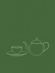 Aufkleber - This artwork features a minimalist line drawing of a teapot and cup, set against a soothing green background, perfect for tea lovers. Generative AI