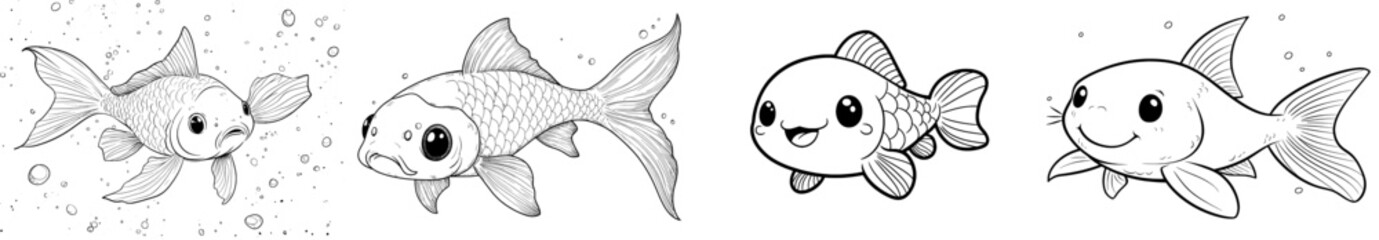 Poster - Black and white outline drawing of a fish with flowing fins and tail, ideal for coloring books or educational materials