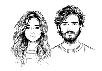Leinwandbilder - Black and white line art illustration depicting a man and woman