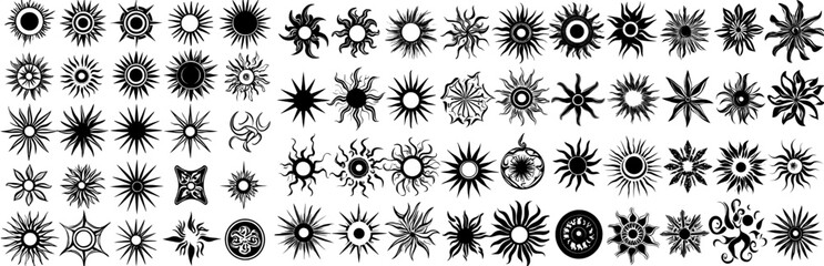 Aufkleber - Icons of the sun. Star alchemy symbols with round solar rays, monochrome grayscale isolated illustrations modern illustration set of the sun