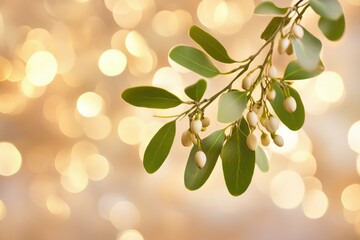 Wall Mural - Green Branch with White Berries Against a Golden Bokeh Background