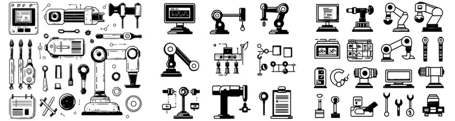Leinwandbilder - Doodle icons set for automation engineers. Sketch line art iron solder soldering electronic microcircuits, robot and rover engineers. Color illustrations.