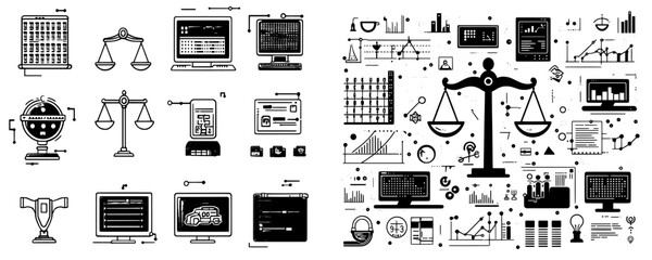 Leinwandbilder - Stock systems doodle icons set modern. Binary code, robot, digital brain, and robotic arm color illustrations.
