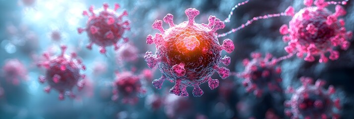 Aufkleber - Microscopic 3D rendering of the coronavirus COVID-19 structure,depicting the spherical shape,red and pink colors.