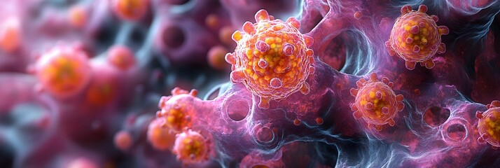 Poster - Microscopic View of Viral Cells and Molecular Structures During Pandemic Outbreak. Close-up microscopic image showing the detailed structure and composition of viral cells and particles.