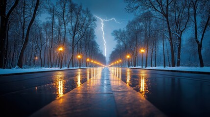 Night scene with rainy street and lightning, illuminated trees and reflections.