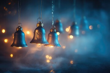 Poster - Golden Bells Hanging in a Foggy Blue Background with Warm Lights