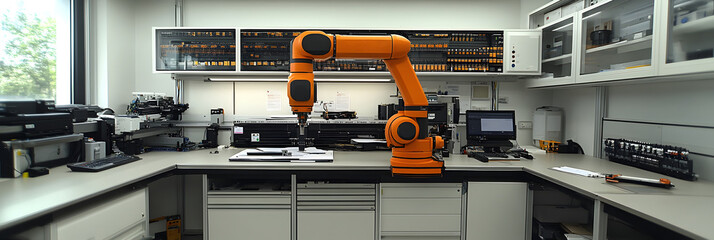 Aufkleber - Robotic arm in a modern,well-equipped industrial workspace,highlighting the latest advancements in automated machinery and intelligent systems for efficient manufacturing and processing.