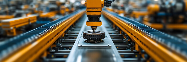 Aufkleber - Robotic arm manipulating components on an automated industrial conveyor belt in a modern,highly efficient factory setting.