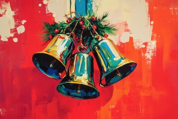 Wall Mural - Abstract Painting of Christmas Bells with Greenery and Red Background