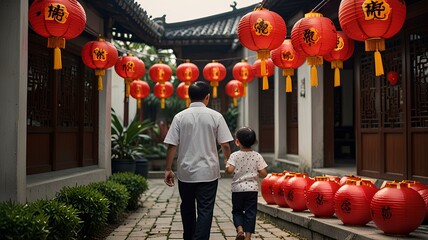 Asian chinese family preparation red lanterns for chinese new year in front of their house.