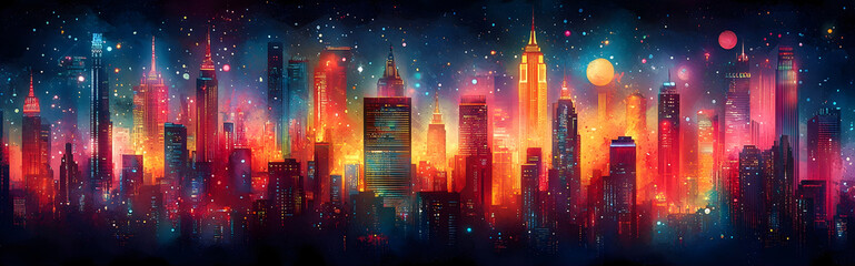 Aufkleber - Striking and dynamic cityscape with a futuristic,sci-fi atmosphere. Tall skyscrapers and buildings are illuminated with a dazzling array of colorful neon lights.