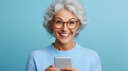 Delighted middle aged female raising smartphone with joyful expression as she reads online notification about winning a prize or award  Concept of digital technology communication