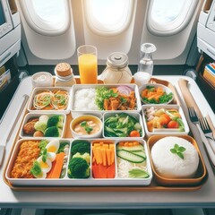 Airplane meal service featuring a tray with various food items including rice, vegetables, and meat.