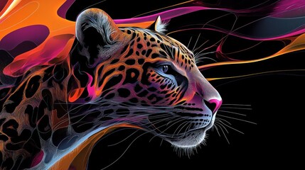 Wall Mural - a vibrant, stylized depiction of a jaguar's profile against a colorful abstract background.