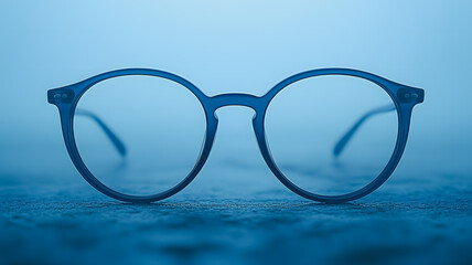 A pair of blue glasses with a blue frame. The glasses are sitting on a surface, and the image has a calm and serene mood