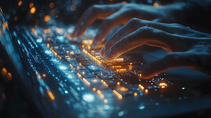 Wall Mural - a person is typing on a keyboard with glowing keys. concept of technology and modernity, as well as 