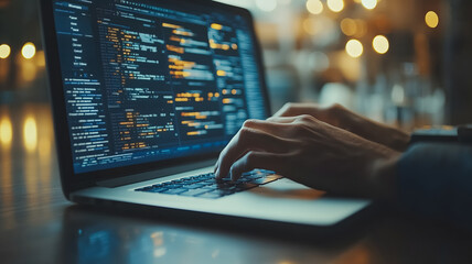 Wall Mural - a person is typing on a laptop computer. concept of productivity and focus, as the person is engaged