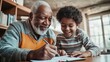 © Maria Zamchiy  - Senior black man and kid watching notebook and writing, grandfather helping grandson with homework. Grandpa is teaching grandson, home education, deep family connections, AI generative image