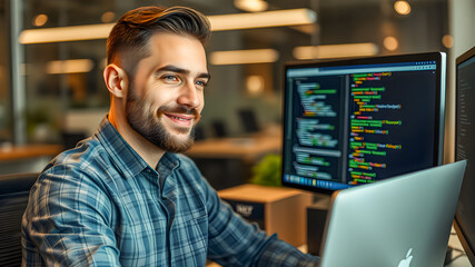 Tech startup programmer digital innovator. Portrait of young guy. Software coding man computer in office at night for deadline. IT, focus and male coder, engineer or person programming. Ai generated