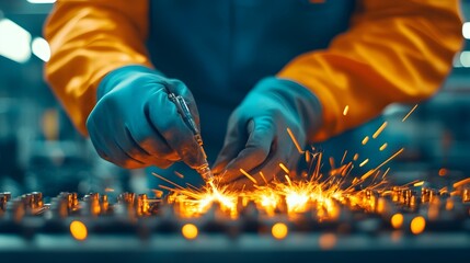 A skilled technician using advanced futuristic tools to repair a critical high voltage electrical transformer with sparks and lightning illuminating the scene in a modern industrial setting