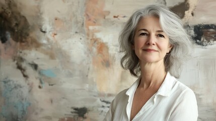 A sixty year old female artist with gray hair and an unbuttoned white shirt radiates experience confidence and warmth complemented by her benevolent gaze set against a neutral background