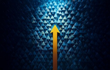 Wall Mural - a single bright yellow arrow stands out against a backdrop of numerous blue arrows, creating a strik