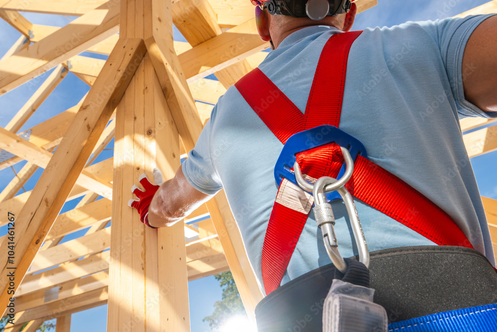 Construction Worker Securing Beams During House Framing on a Bright ...