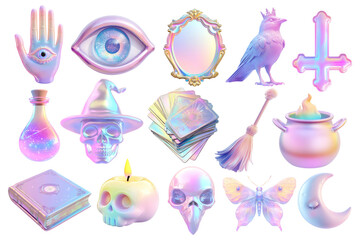 Wall Mural - png 3d iridescent mystic witchcraft design element set, transparent background