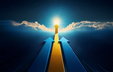 Three arrows point upward, one golden, two blue, with a bright light at the top.