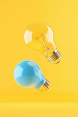 Two light bulbs, one blue and one yellow, are floating in the air above a yellow background. The blue bulb is positioned slightly to the left of the yellow bulb. Concept of creativity and innovation