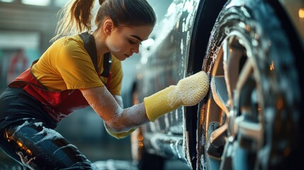 A person washing a car tire with soap, showcasing car maintenance and cleanliness.