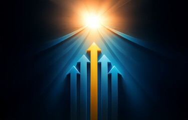 Abstract background with a bright light emanating from above shining down on four upward pointing arrows, three are blue and one is gold.