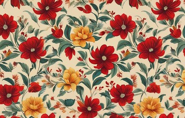 Red and yellow flowers with green leaves on a cream background.