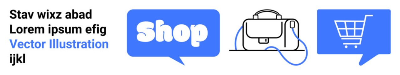 Three speech bubbles in blue illustrate the word Shop a handbag and a shopping cart. Text in a distinct font. Ideal for online shopping e-commerce marketing retail advertising and web design. Landing